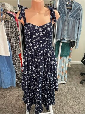 Altar'd State Navy Floral Tiered Maxi Dress with Tie Straps